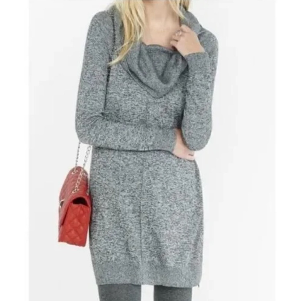 Express Wmn XS Black/White Gray Long Sleeve Tunic Cowl Neck Sweater Dress NWT
